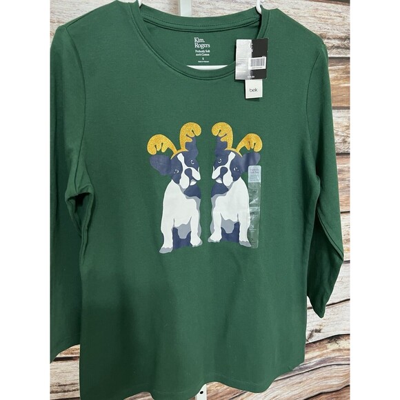 KIM ROGERS NWT Women's Christmas Boston Terrier With Antlers Top Green Small - Picture 3 of 9